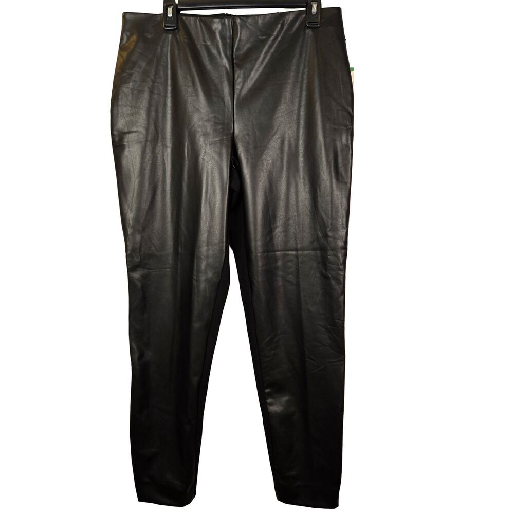 Anne Klein Slim Ankle Pants L Black Faux Leather Front Pull-On 29" Inseam NEW